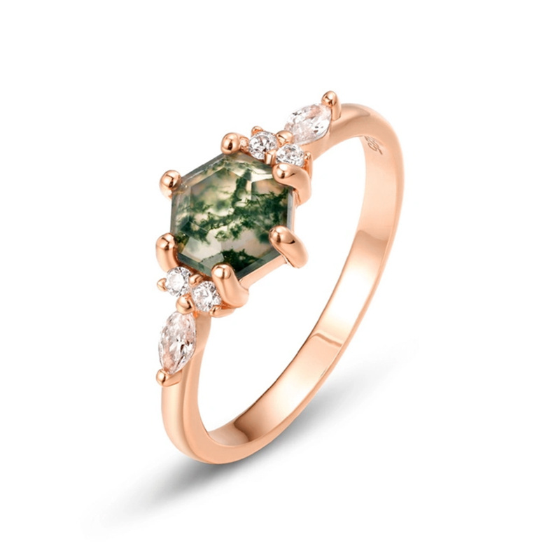 Anel de noivado de prata esterlina em ágata musgo hexagonal-3