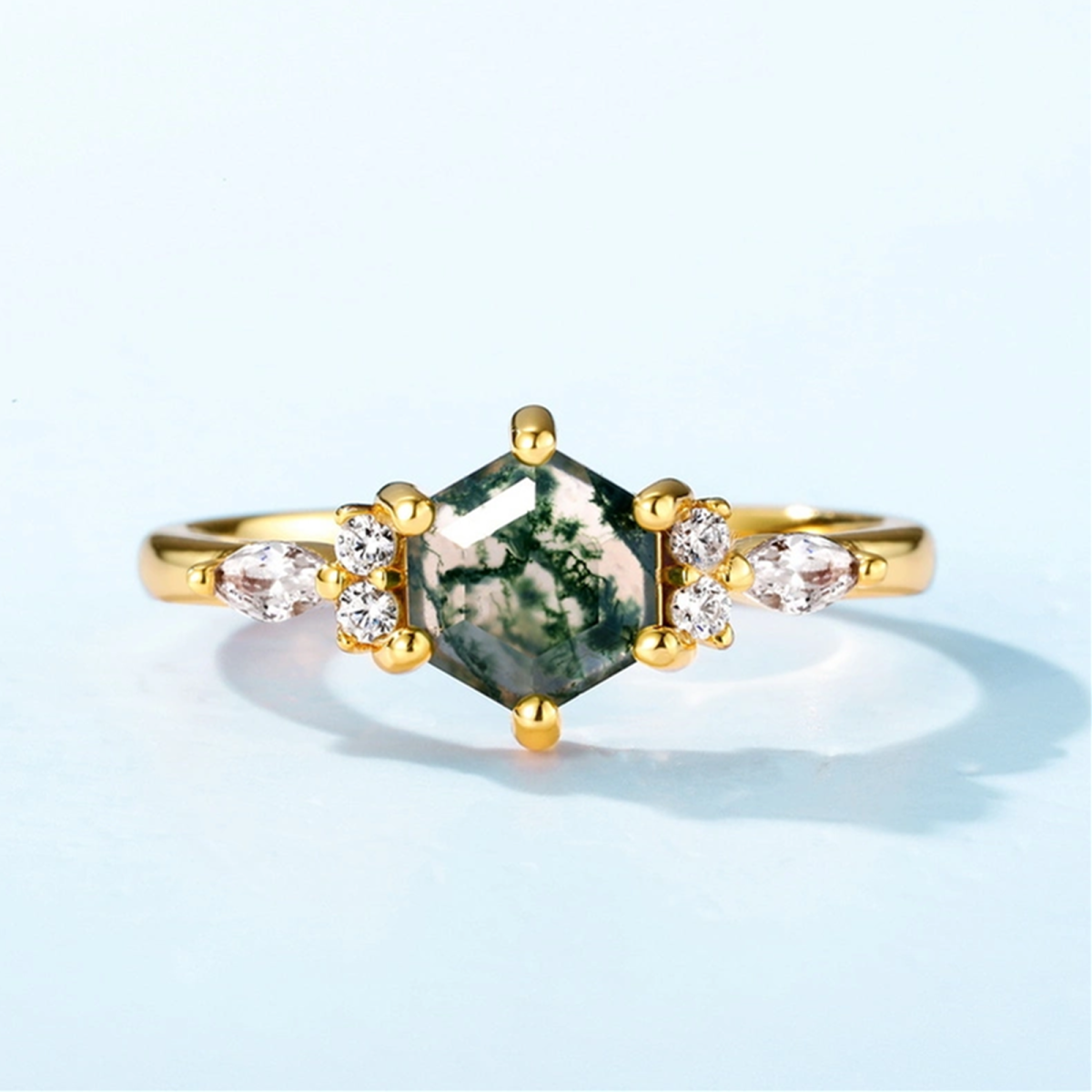 Sterling Silver Hexagon Moss Agate Engagement Ring-5