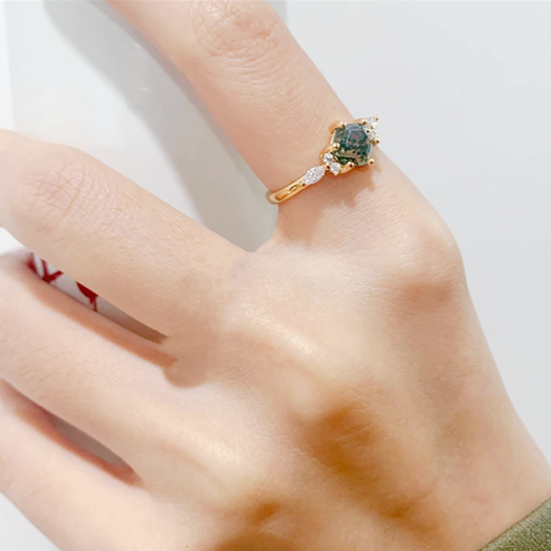 Anel de noivado de prata esterlina em ágata musgo hexagonal-6