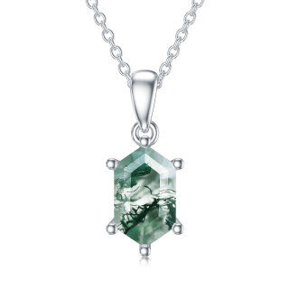 Sterling Silver Hexagon Moss Agate Pendant Necklace-5