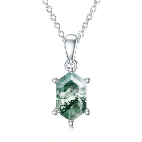 Sterling Silver Hexagon Moss Agate Pendant Necklace-4