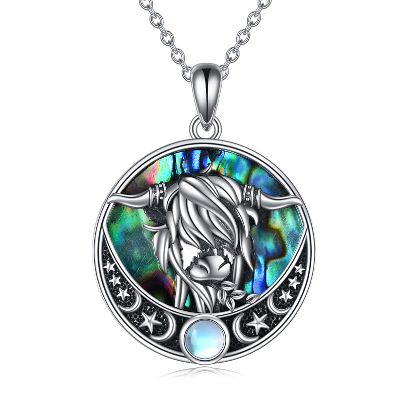Sterling Silver Circular Moonstone Highland Cow Moon Star Necklace for Women Men-13