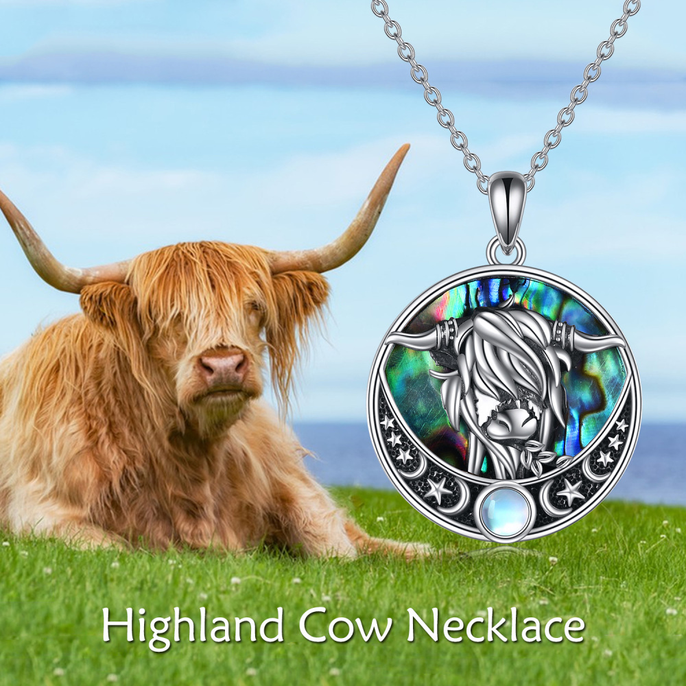 Sterling Silver Circular Moonstone Highland Cow Moon Star Necklace for Women Men-6