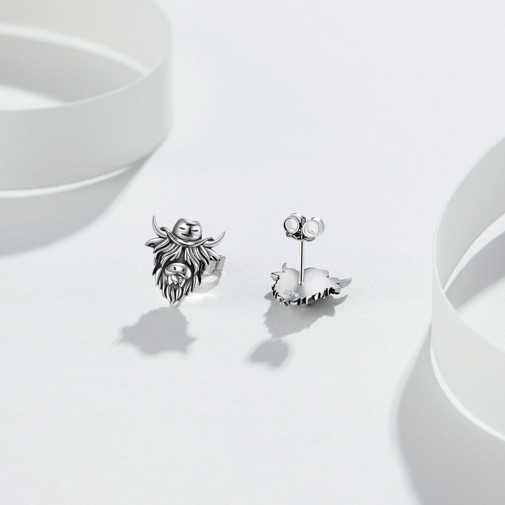 Sterling Silver Highland Cow & Cowboy Hat Stud Earrings-4