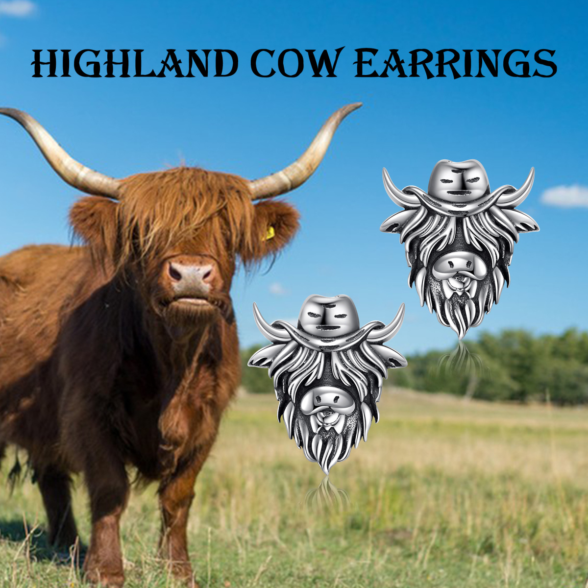 Sterling Silver Highland Cow & Cowboy Hat Stud Earrings-6