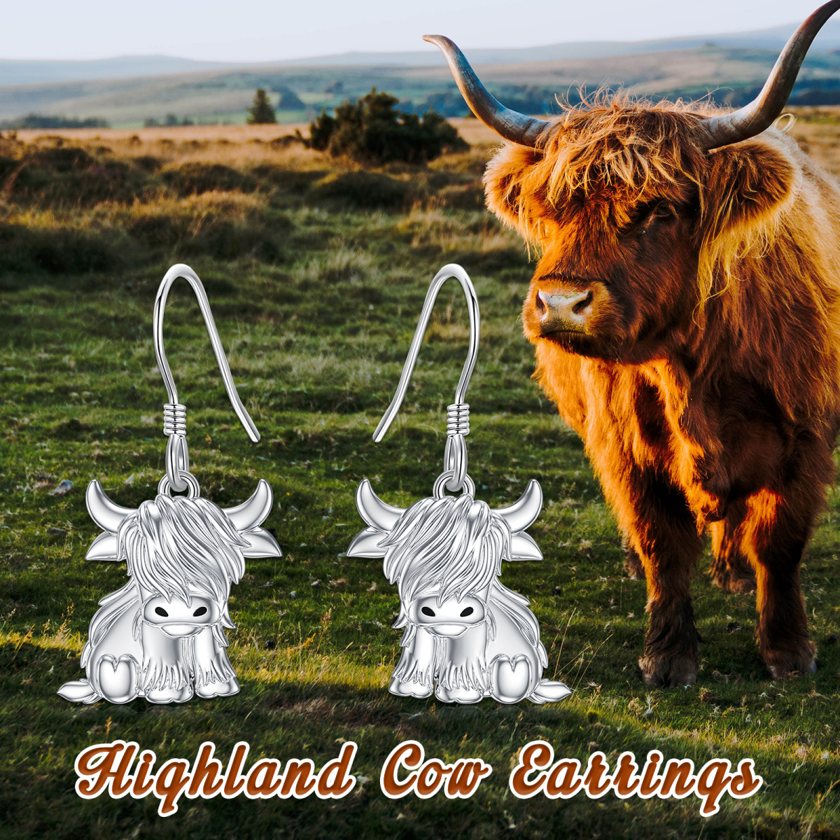 Pendientes de plata de ley Highland Cow-6