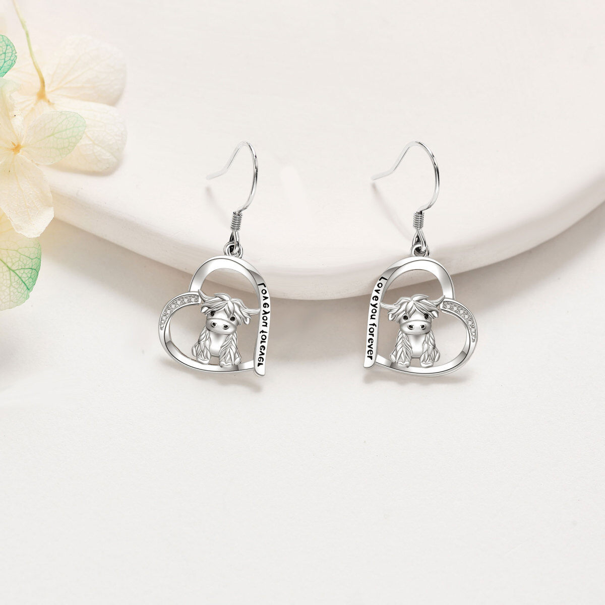 Sterling Silver Cubic Zirconia Highland Cow Drop Earrings-4