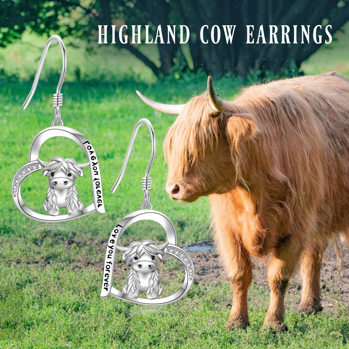 Sterling Silver Cubic Zirconia Highland Cow Drop Earrings-6