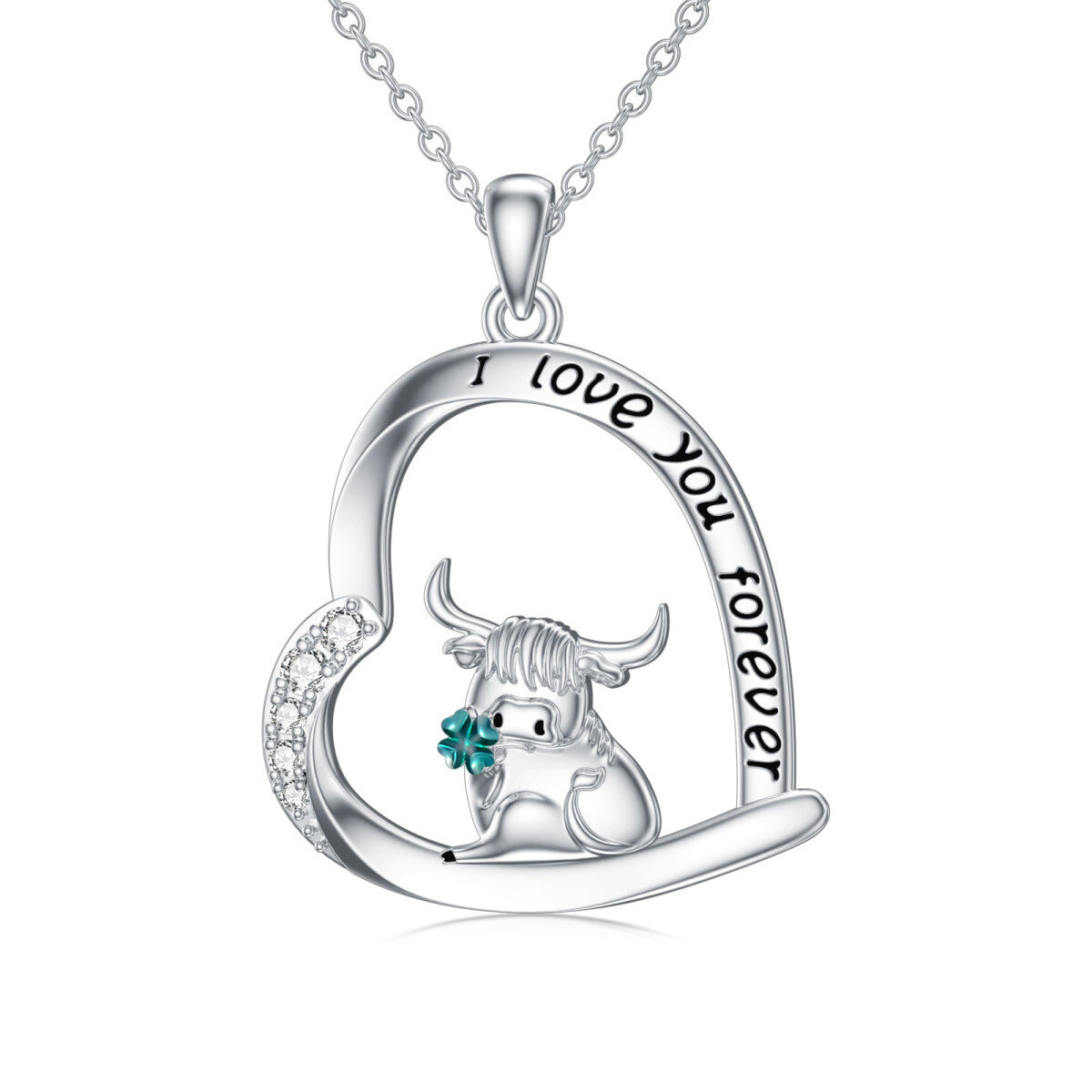 Sterling Silver Cubic Zirconia Highland Cow With Four-Leave Clover Pendant Necklace With Engraved Word For Women Best Friend-1