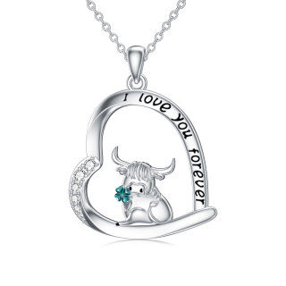 Sterling Silver Cubic Zirconia Highland Cow With Four-Leave Clover Pendant Necklace With Engraved Word For Women Best Friend-20