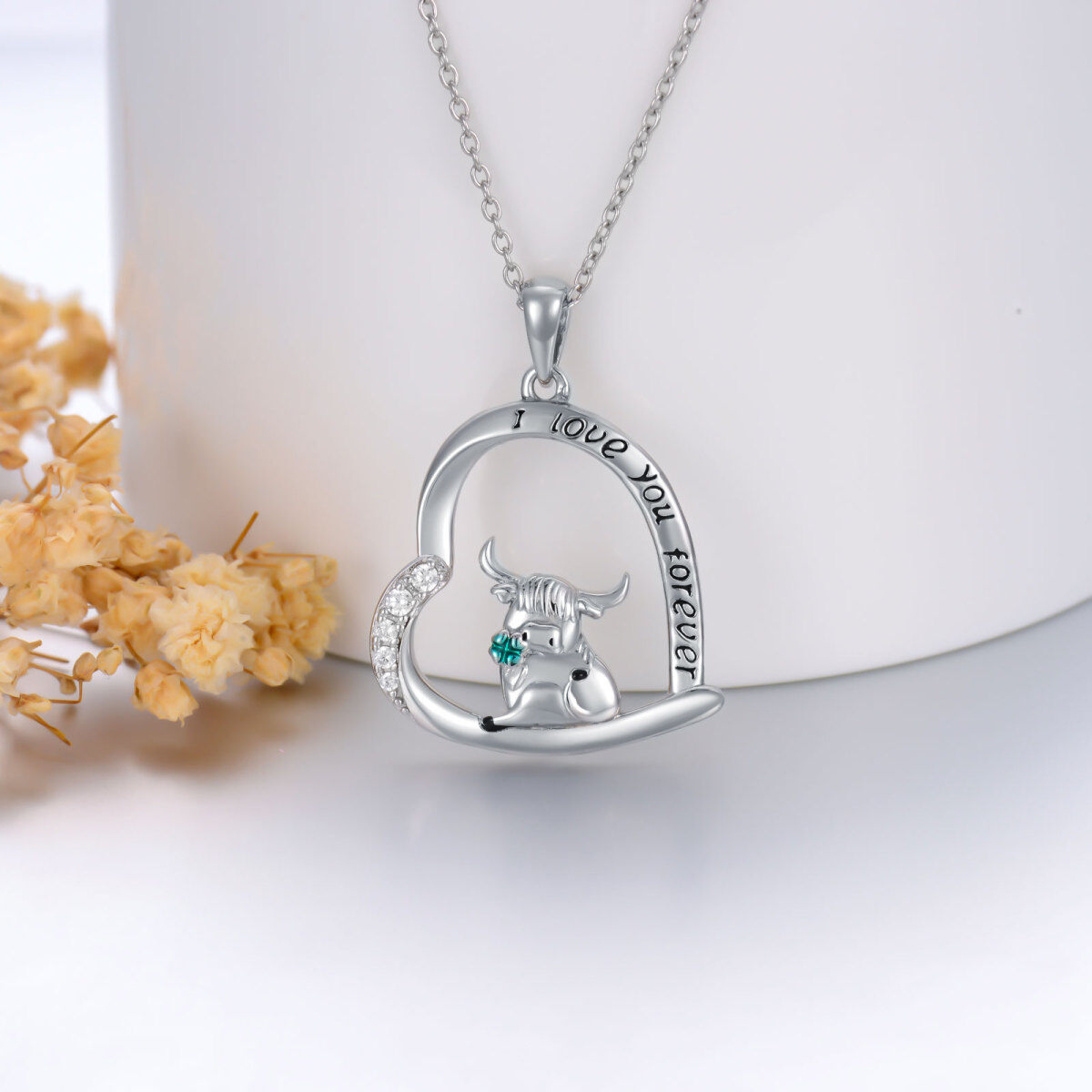 Sterling Silver Cubic Zirconia Highland Cow With Four-Leave Clover Pendant Necklace With Engraved Word For Women Best Friend-3