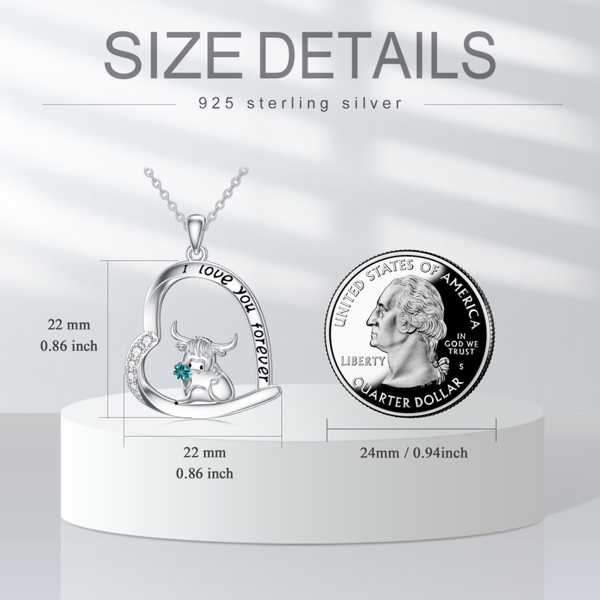 Sterling Silver Cubic Zirconia Highland Cow With Four-Leave Clover Pendant Necklace With Engraved Word For Women Best Friend-5