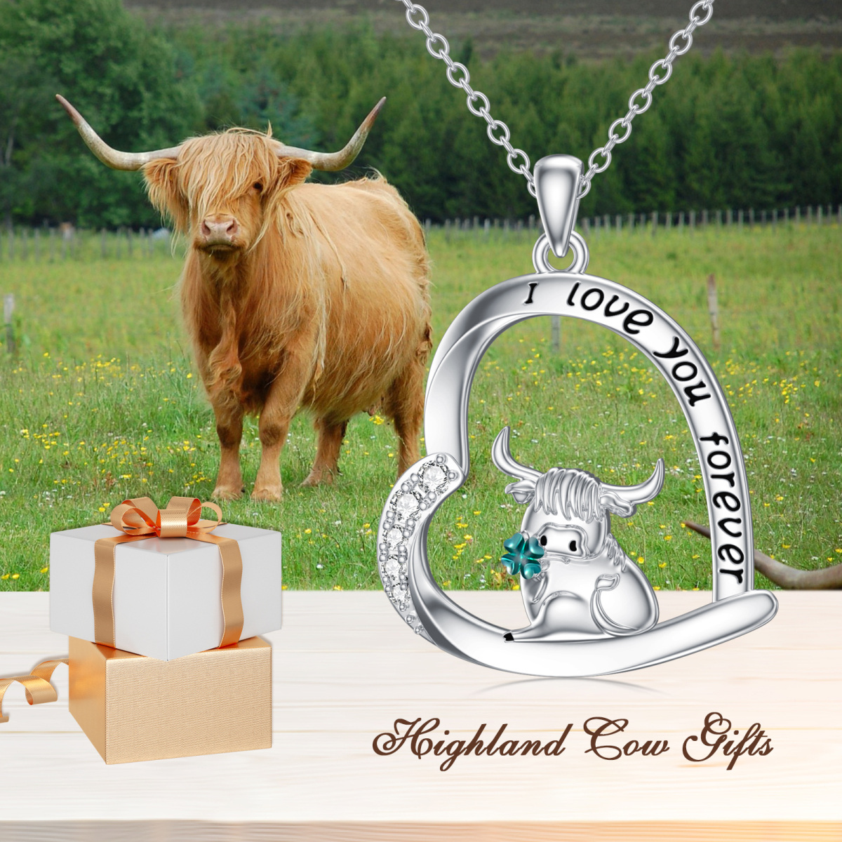 Sterling Silver Cubic Zirconia Highland Cow With Four-Leave Clover Pendant Necklace With Engraved Word For Women Best Friend-6