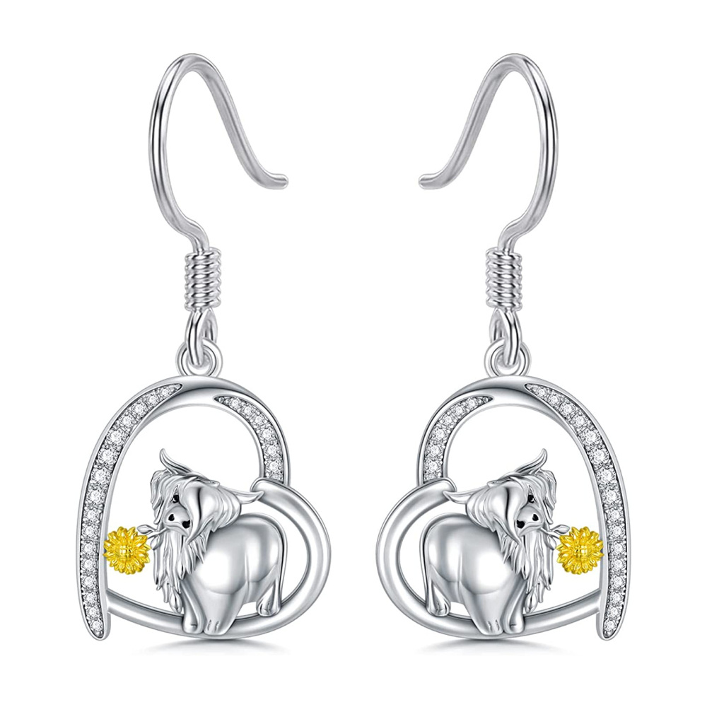 Sterling Silver Cubic Zirconia Highland Cow & Heart Drop Earrings-1