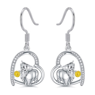 Sterling Silver Cubic Zirconia Highland Cow & Heart Drop Earrings-41