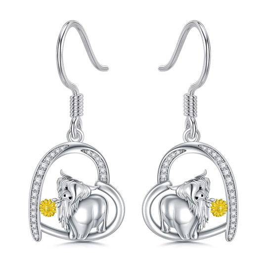 Sterling Silver Cubic Zirconia Highland Cow & Heart Drop Earrings