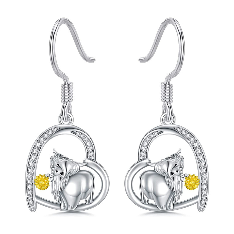 Sterling Silver Cubic Zirconia Highland Cow & Heart Drop Earrings-10