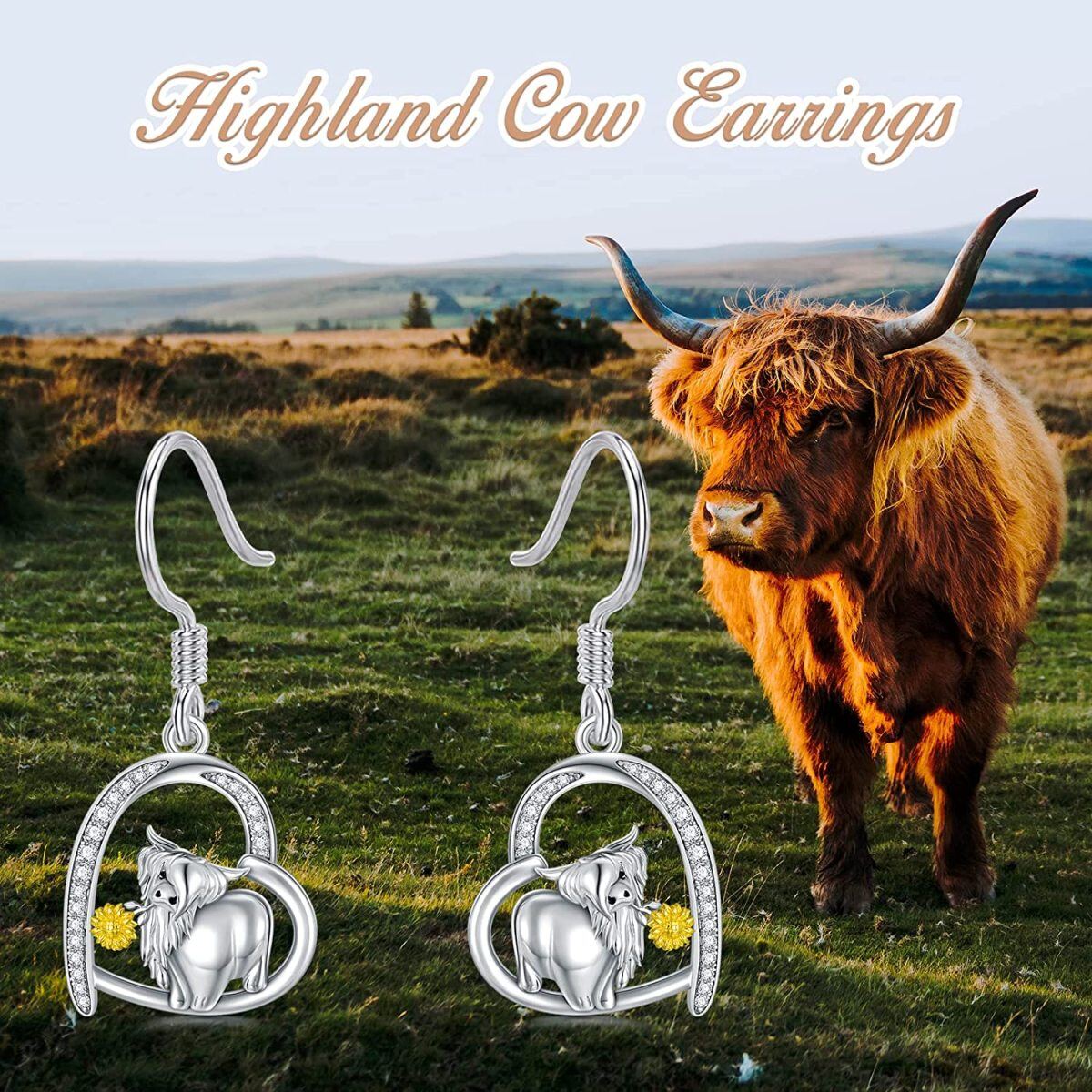 Sterling Silver Cubic Zirconia Highland Cow & Heart Drop Earrings-5