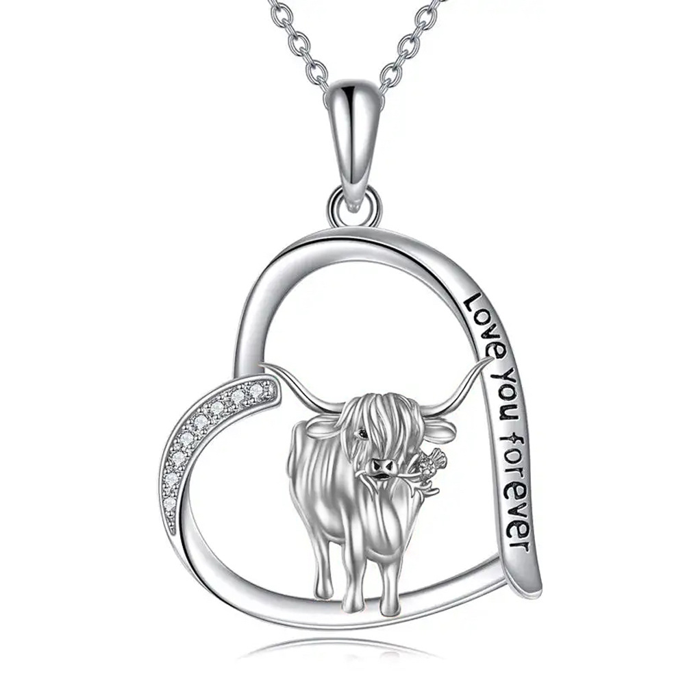 Sterling Silver Cubic Zirconia Highland Cow & Heart Pendant Necklace Engraved I Love You Forever-1