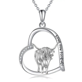 Sterling Silver Cubic Zirconia Highland Cow & Heart Pendant Necklace Engraved I Love You Forever-37