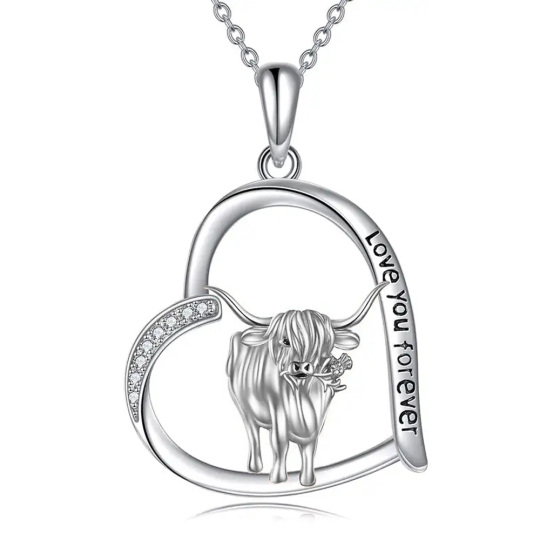 Plata de ley Cubic Zirconia Highland Vaca y Corazón Colgante Collar Grabado I Love You Forever