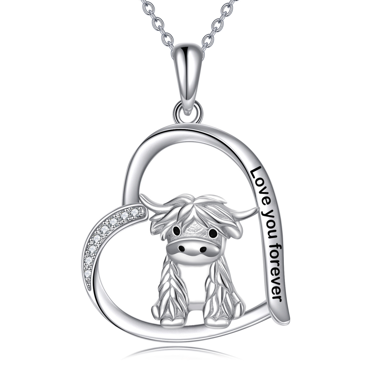 Sterling Silver Highland Cow & Heart Pendant Necklace with Engraved Word-1