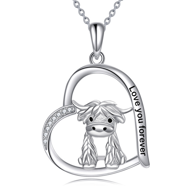 Collier en argent sterling avec pendentif vache Highland et coeur avec mot gravé-1