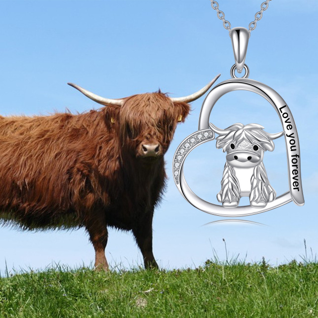 Sterling Silver Highland Cow & Heart Pendant Necklace with Engraved Word-3