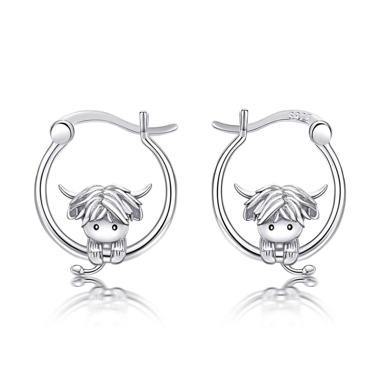 Sterling Silver Highland Cow Hoop Earrings-1