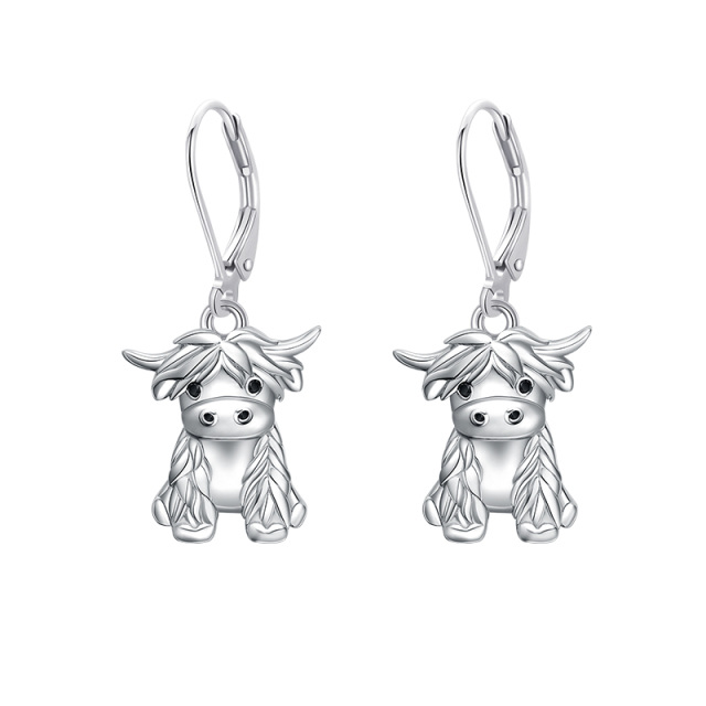 Sterling Silver Highland Cow Lever-back Earrings-1