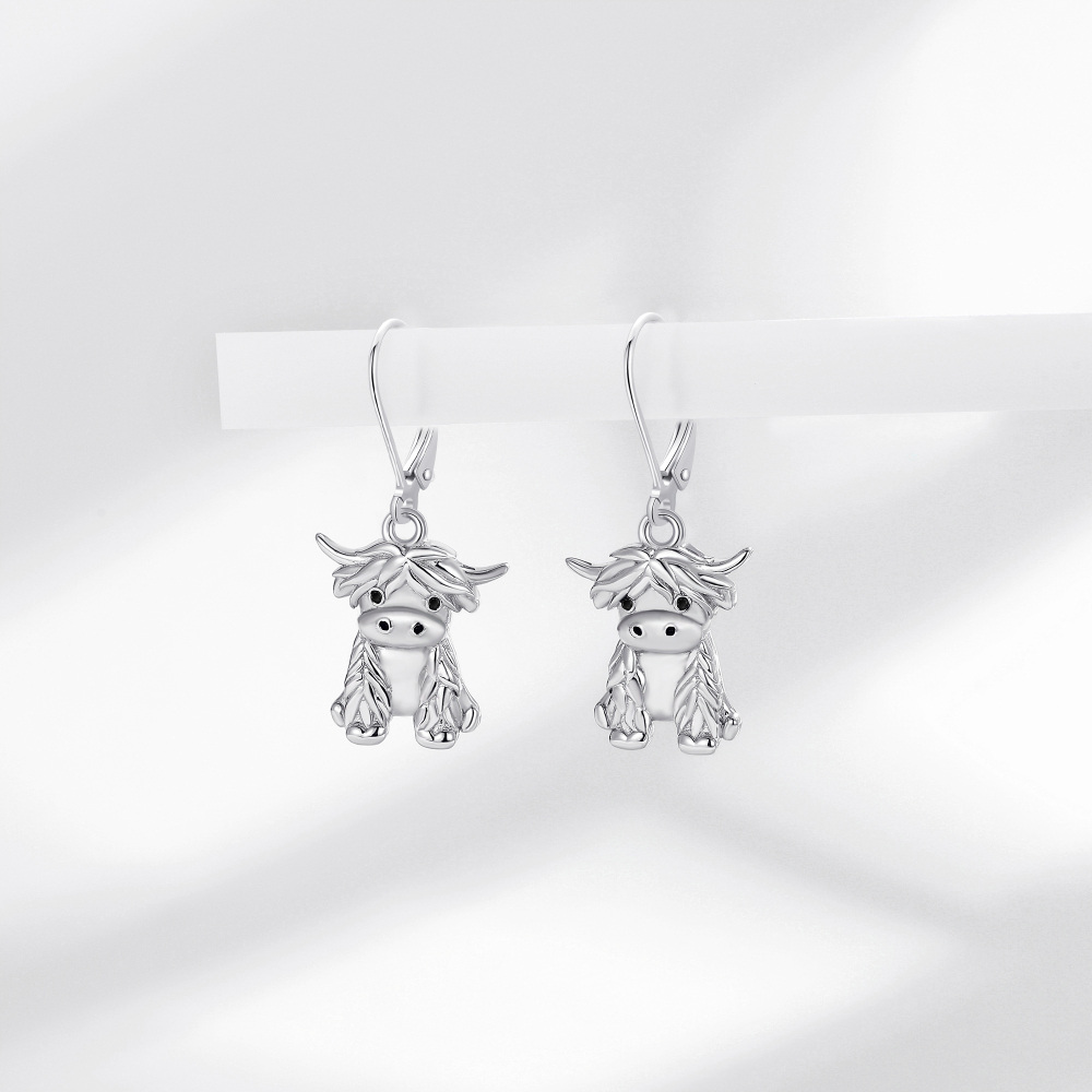Sterling Silver Highland Cow Lever-back Earrings-3