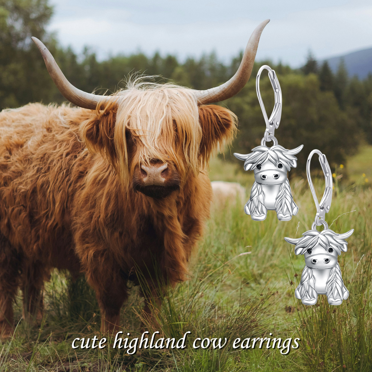 Boucles d'oreilles à levier en argent sterling en forme de vache des Highlands-5