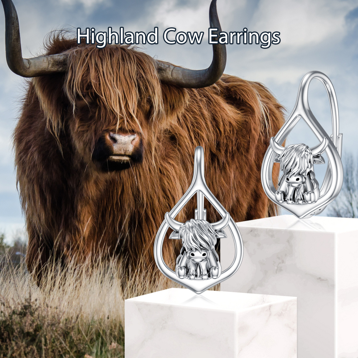 Pendientes de plata de ley Highland Cow Lever-back-6