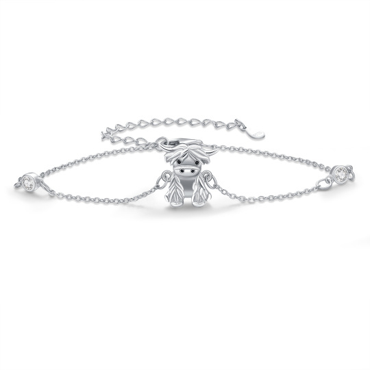 Bracciale con ciondolo a forma di mucca delle Highlands in argento 925 con zirconia cubica