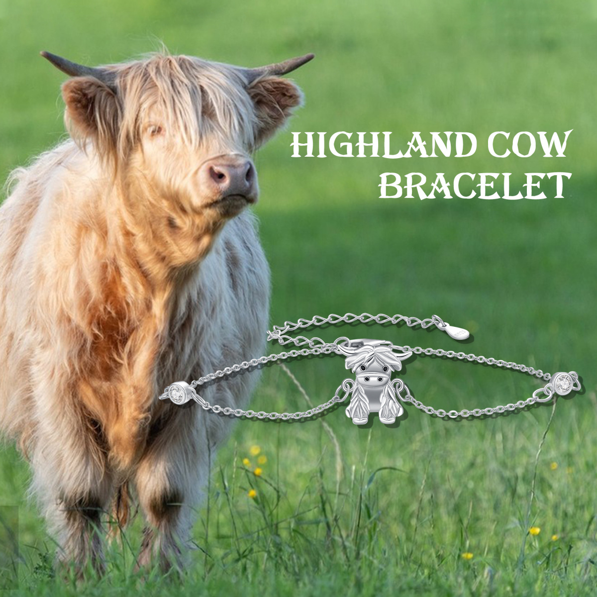 Pulsera de plata de ley con colgante de vaca Highland de circonita cúbica-3