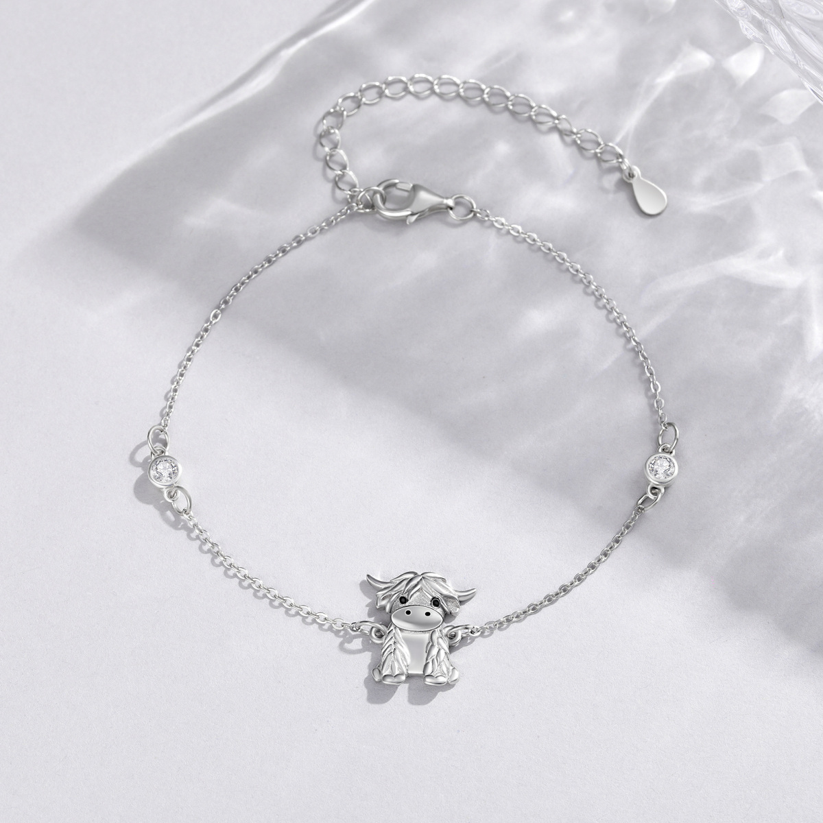 Sterling Silver Cubic Zirconia Highland Cow Charm Bracelet-4