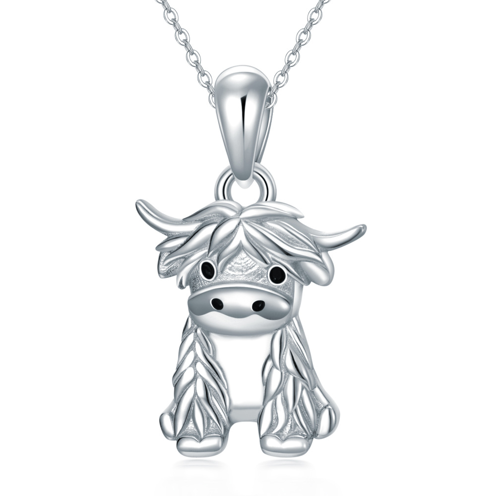 Sterling Silver Highland Cow Pendant Necklace with 14K White Gold Plated-1