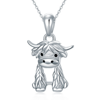 Sterling Silver Highland Cow Pendant Necklace with 14K White Gold Plated-20