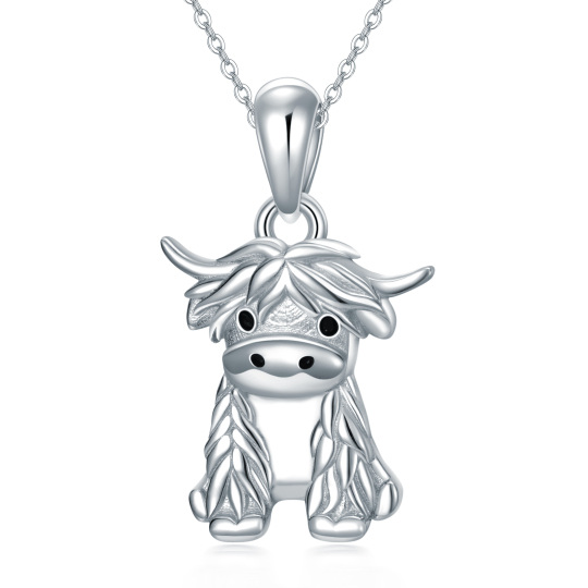 Sterling Silver Highland Cow Pendant Necklace with 14K White Gold Plated