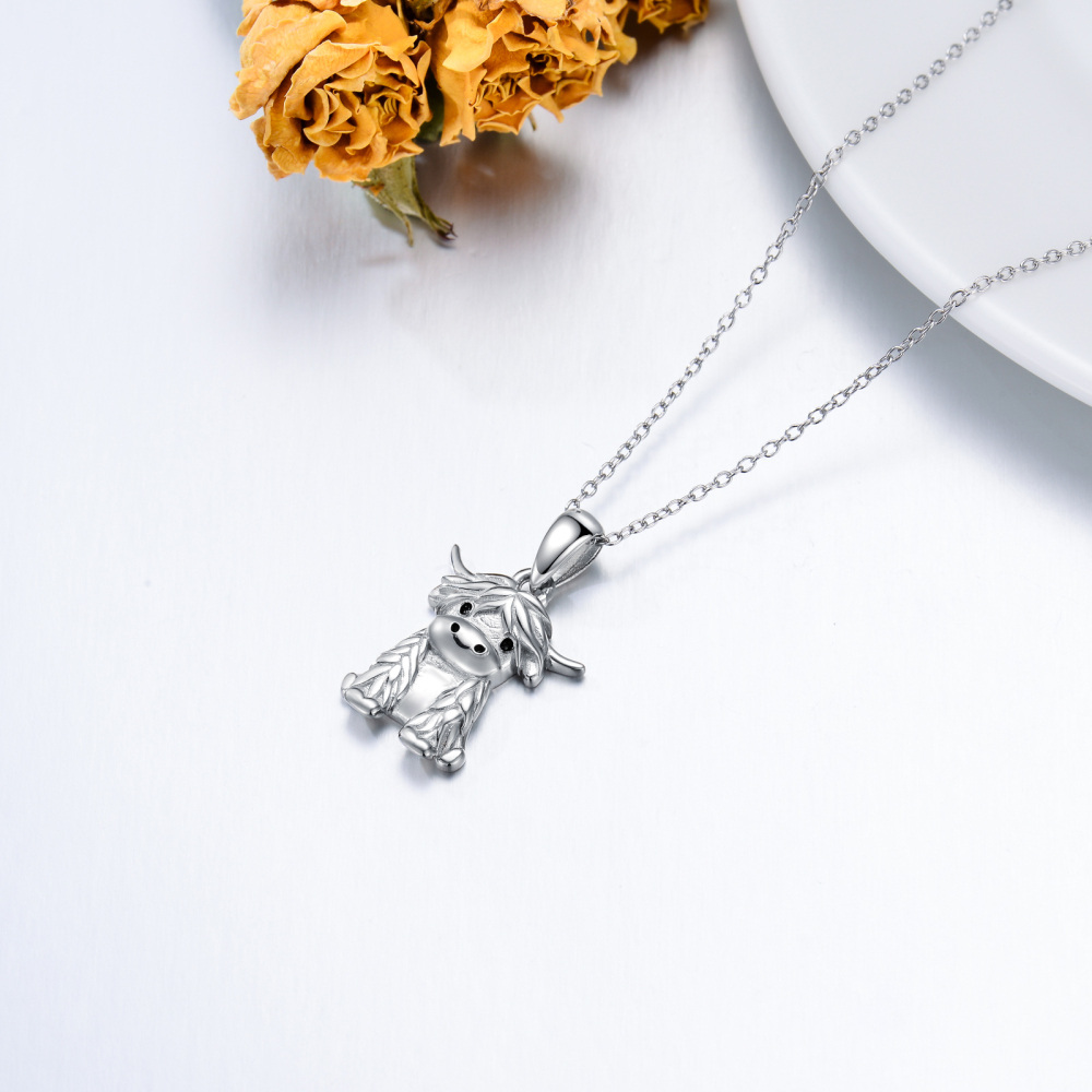 Sterling Silver Highland Cow Pendant Necklace with 14K White Gold Plated-3