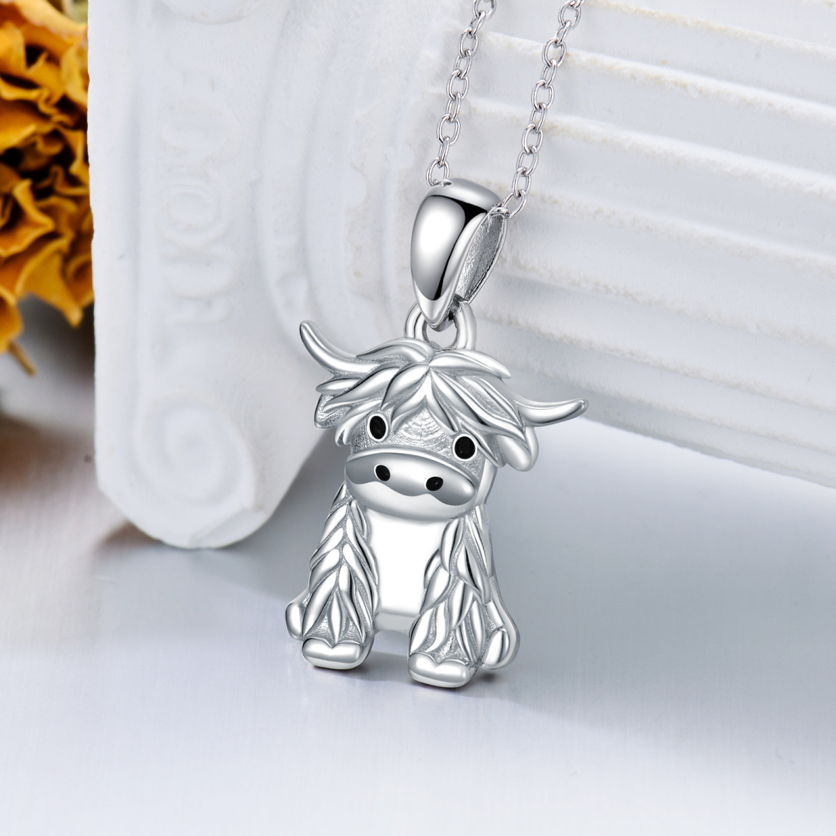 Sterling Silver Highland Cow Pendant Necklace with 14K White Gold Plated-4