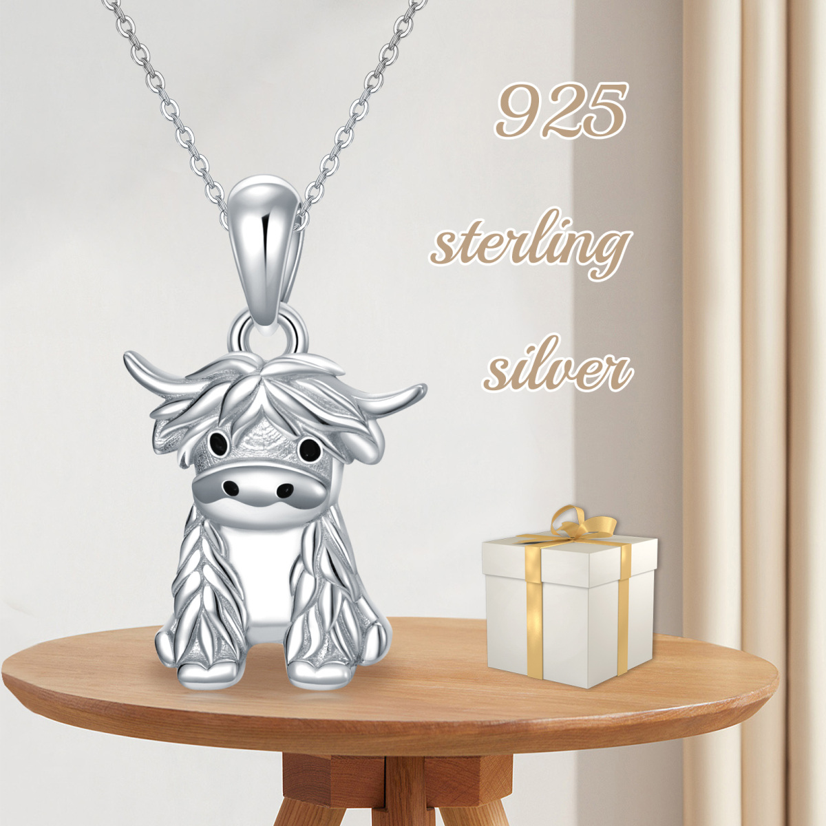 Sterling Silver Highland Cow Pendant Necklace with 14K White Gold Plated-5