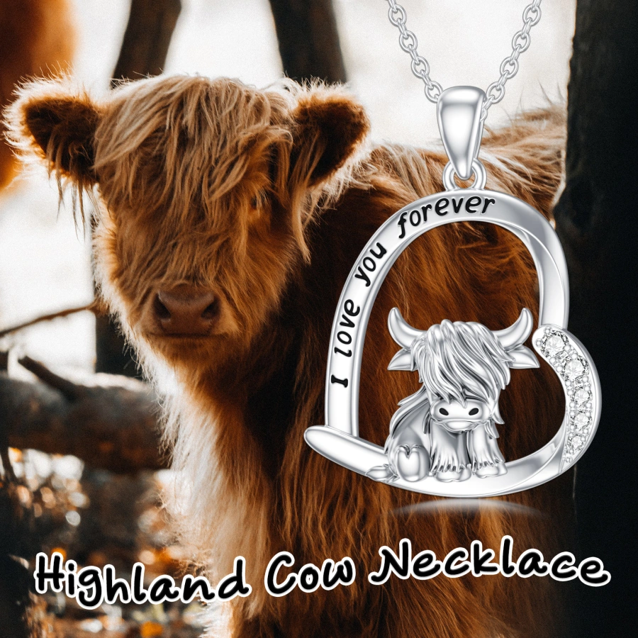 Sterling Silver Highland Cow Pendant Necklace-4