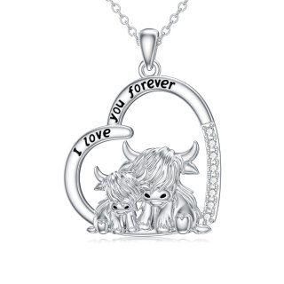 Sterling Silver Cubic Zirconia Highland Cow Pendant Necklace with Engraved Word-33