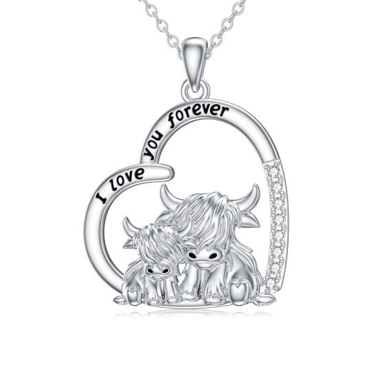 Sterling Silver Cubic Zirconia Highland Cow Pendant Necklace with Engraved Word