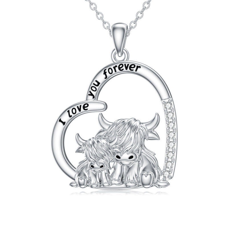 Sterling Silver Cubic Zirconia Highland Cow Pendant Necklace with Engraved Word-3