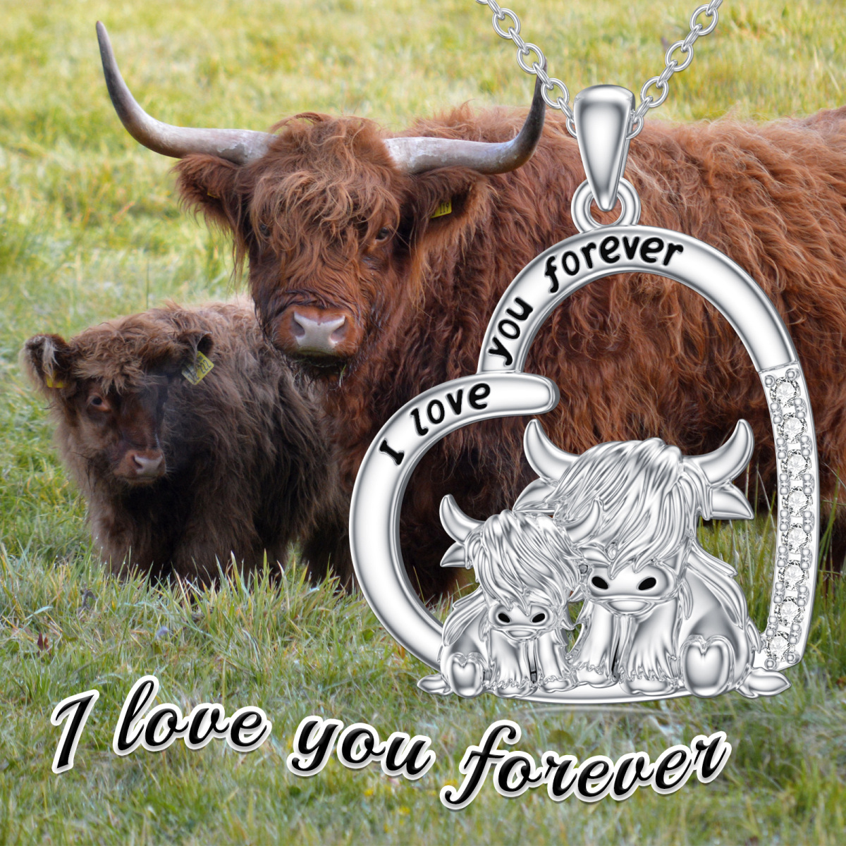 Sterling Silber Cubic Zirkonia Highland Cow Anhänger Halskette mit eingraviertem Wort-3