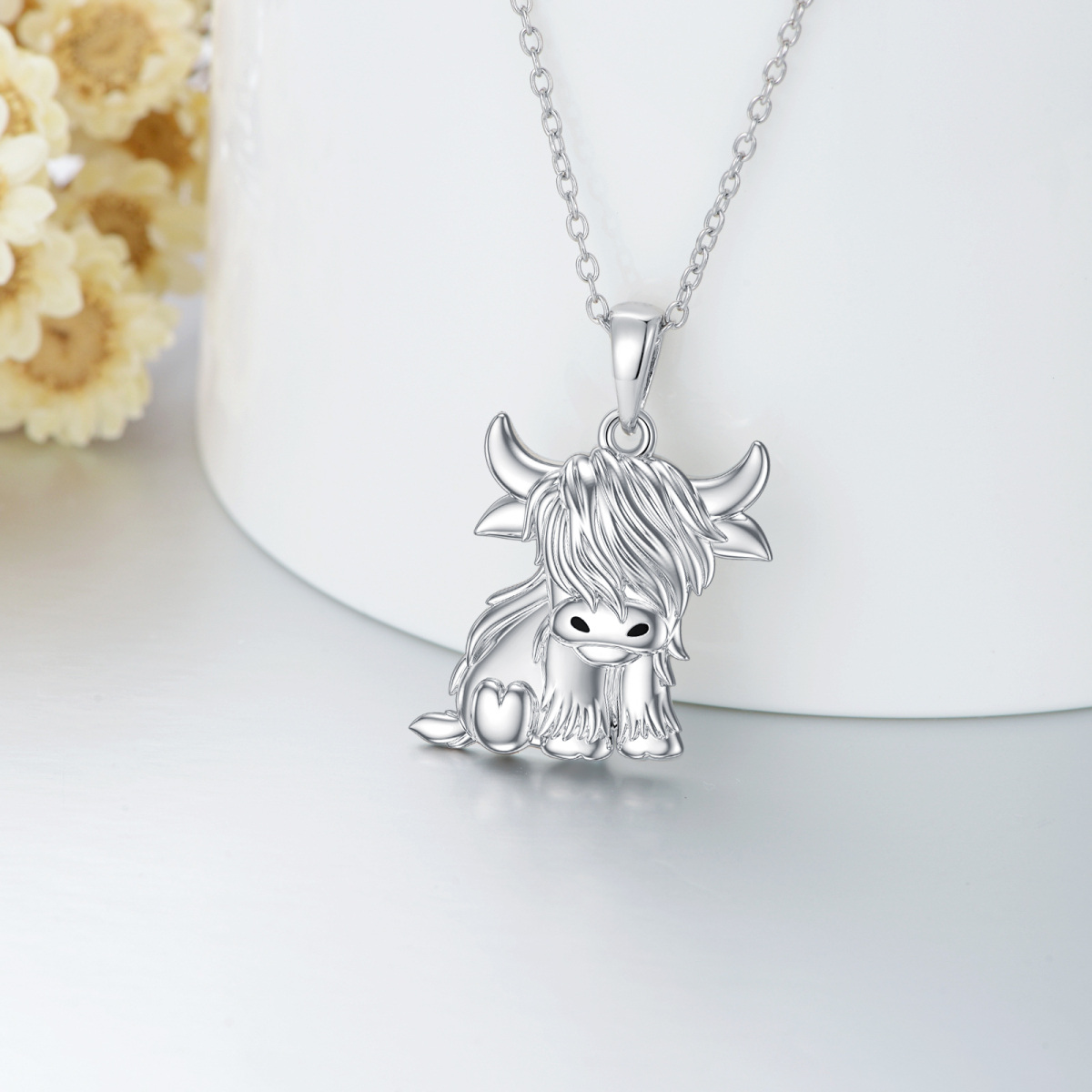 Sterling Silver Highland Cow Pendant Necklace-6