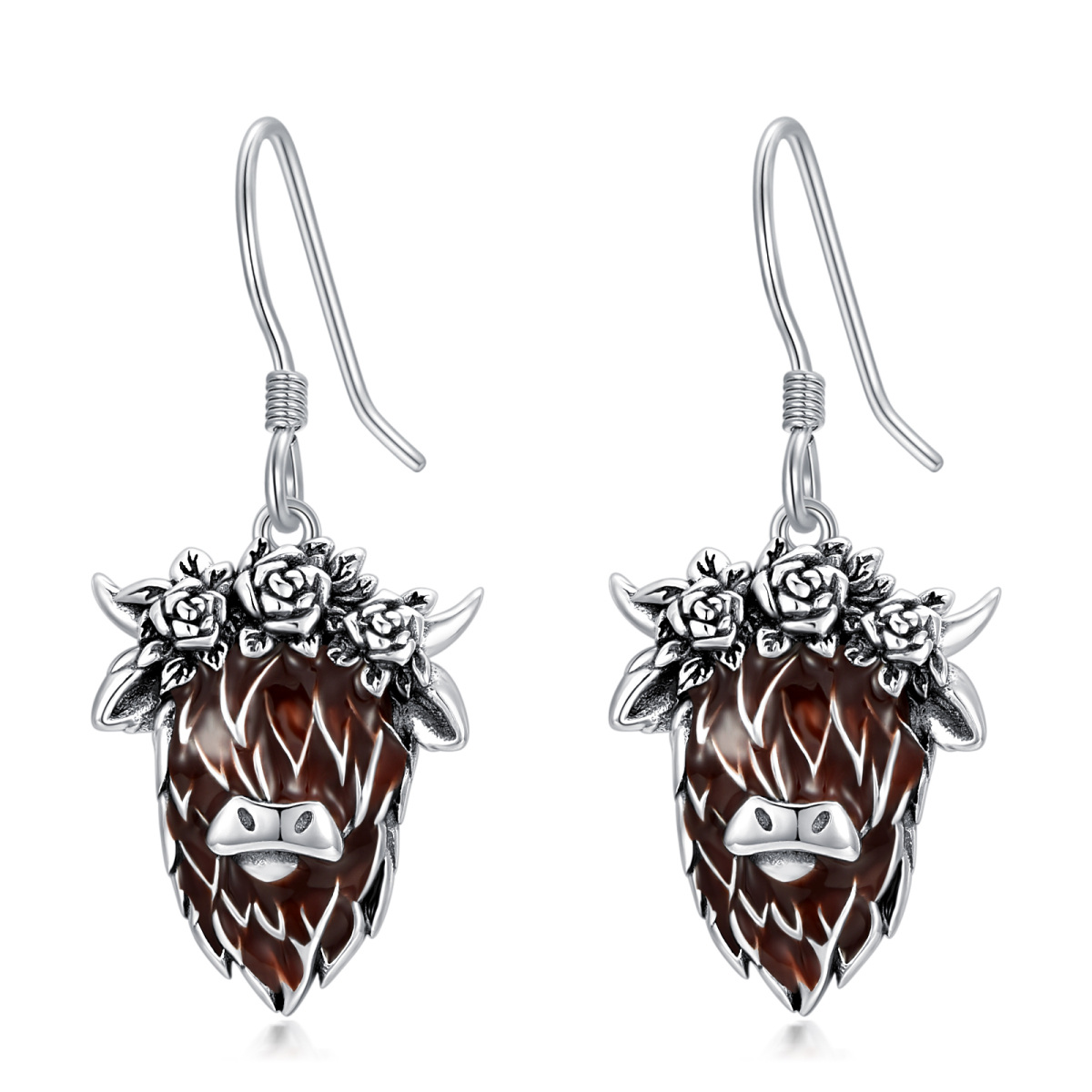 Pendientes de plata de ley Highland Cow & Rose-1