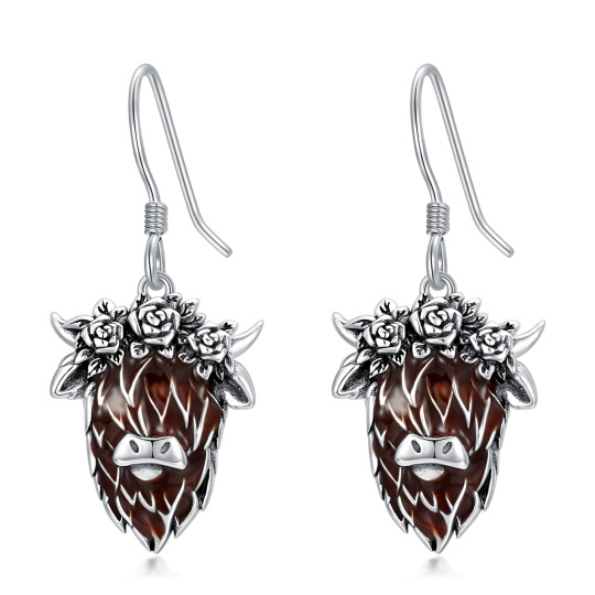 Sterling Silver Highland Cow & Rose Drop Earrings